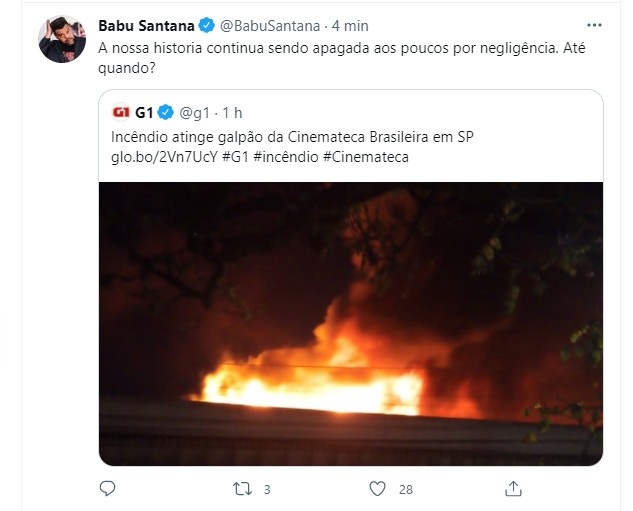 Babu Santana revolta com incndio Foto Reproduo Twitter
